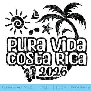 May include: Black and white graphic with the text "Pura Vida Costa Rica 2026". The design includes a sun, sailboat, sunglasses, starfish, palm tree, dolphins, and flip-flops, perfect for a Costa Rica vacation.