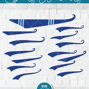May include: A set of 10 blue sports-themed SVG cut files. The files include various curved lines and a banner with stripes. The text "CUT FILE ESSENTIALS Sports Elements" is at the top of the image. The text "SVG CUT FILE" is in a circle at the bottom of the image. The text "Digital download SVG | PNG | DXF svgcutfile.etsy.com" is at the bottom of the image.