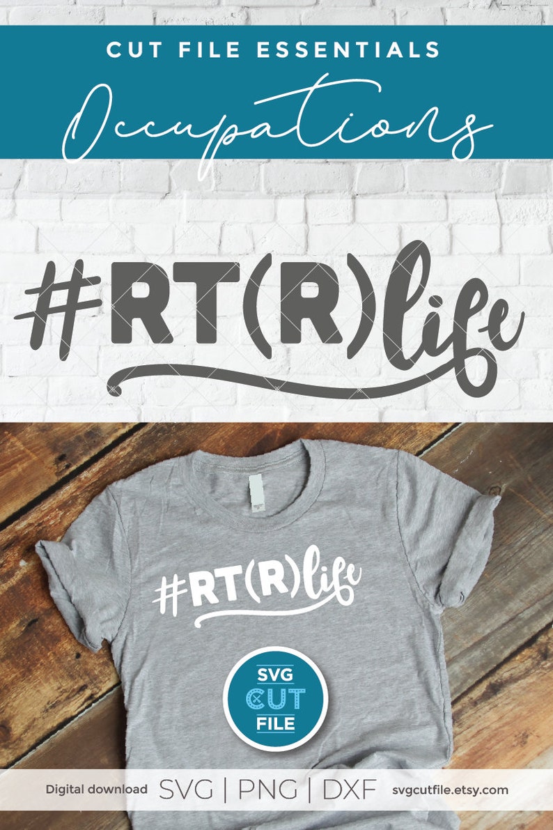 May include: A gray t-shirt with the text "#RT(R)life" in white. The shirt is on a wooden surface with a blue circle that says "SVG CUT FILE".