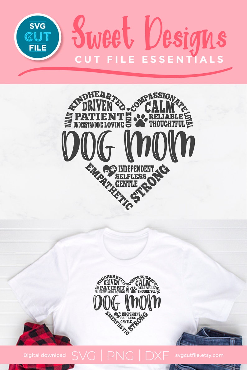 May include: A white t-shirt with a black graphic design of a heart with the words "Dog Mom" in the center. The heart is surrounded by words describing the qualities of a dog mom, such as "kindhearted", "compassionate", "driven", "patient", "understanding", "loving", "calm", "reliable", "thoughtful", "independent", "selfless", "gentle", "strong", and "empathetic".