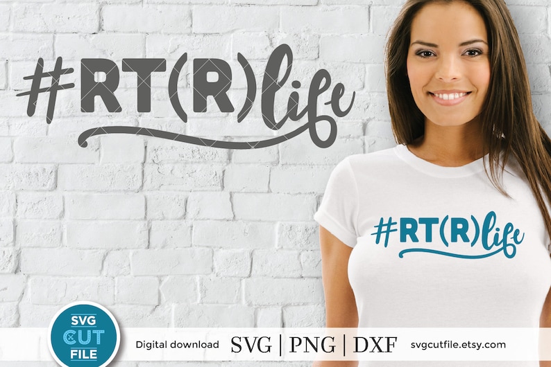 May include: A white t-shirt with the text "#RT(R)life" in blue lettering. The text is in a cursive font. The shirt is being worn by a person with long brown hair. The background is a white brick wall.