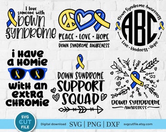 Down Syndrome svg bundle, down syndrome awareness, down syndrome, sunglasses, monogram, yellow and blue ribbon, peace love hope