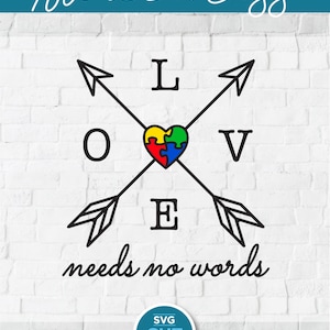 Puede incluir: Un diseño digital con la palabra "Awareness" encima de un gráfico que dice "LOVE needs no words". La "O" en LOVE es un corazón hecho de piezas de rompecabezas. El diseño es en blanco y negro con una pancarta turquesa y un fondo de ladrillos blancos.