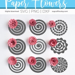 Puede incluir: Un conjunto de nueve plantillas digitales de flores de papel en formatos SVG, PNG y DXF. Las plantillas presentan una variedad de dise&ntilde;os circulares con intrincados remolinos y detalles. La imagen tambi&eacute;n incluye una fila de 14 dise&ntilde;os de hojas y tallos verdes.