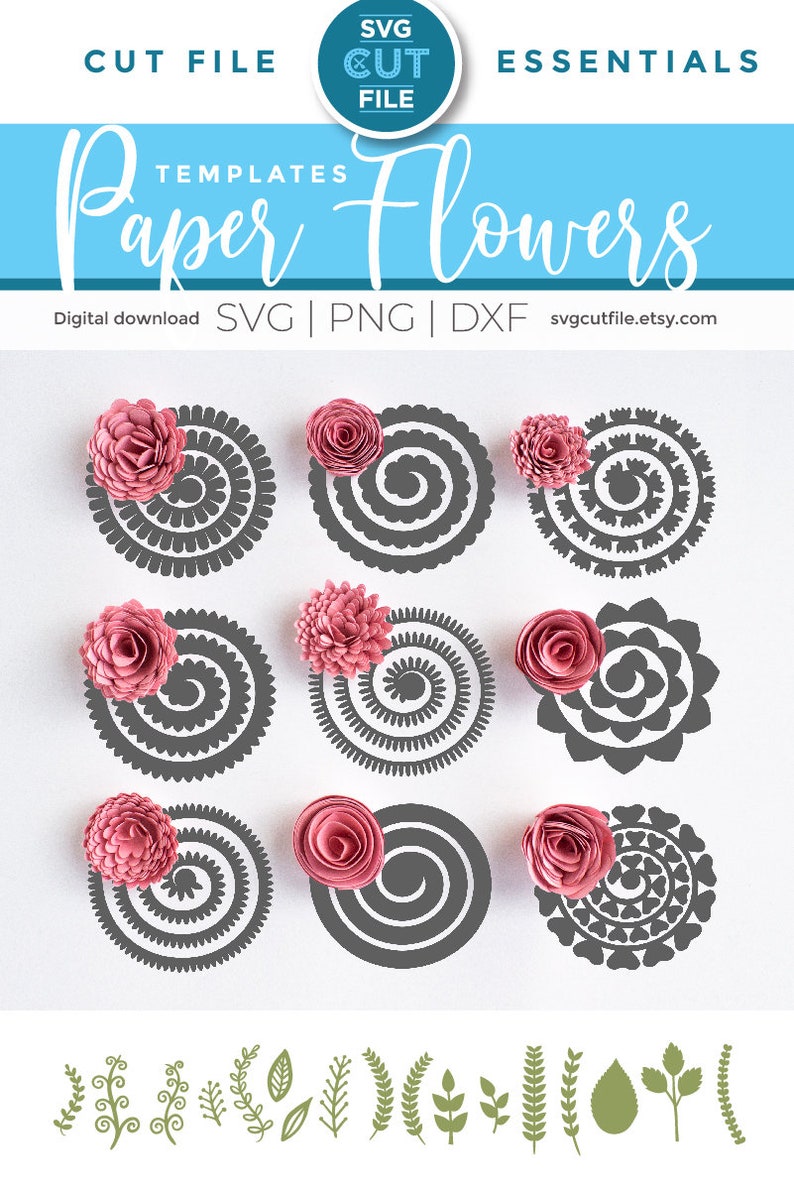 Puede incluir: Un conjunto de nueve plantillas digitales de flores de papel en formatos SVG, PNG y DXF. Las plantillas presentan una variedad de dise&ntilde;os circulares con intrincados remolinos y detalles. La imagen tambi&eacute;n incluye una fila de 14 dise&ntilde;os de hojas y tallos verdes.