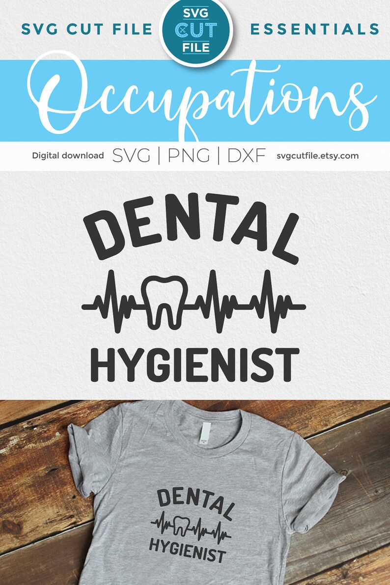 Puede incluir: Una descarga digital de un dise&ntilde;o de archivo de corte SVG en blanco y negro para una camiseta que dice "Higienista dental" con un gr&aacute;fico estilizado de diente y latido del coraz&oacute;n. El dise&ntilde;o se muestra en una camiseta gris.