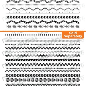 Puede incluir: Una colecci&oacute;n de dise&ntilde;os de marcos de borde en blanco y negro. La imagen presenta varios patrones, incluyendo zigzags, corazones y formas geom&eacute;tricas. El texto "Cute Border Frames" est&aacute; en la parte superior. La frase "Sold Separately" aparece dos veces.
