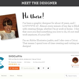 May include: A woman smiles at the camera in a photo on a website for a shop called "SVGCutFile". The shop sells SVG cut files for t-shirts, stickers, and other crafts. The text "Use w/ Cricut" is also included in the image.