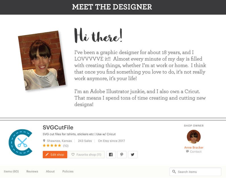 May include: A woman smiles at the camera in a photo on a website for a shop called "SVGCutFile". The shop sells SVG cut files for t-shirts, stickers, and other crafts. The text "Use w/ Cricut" is also included in the image.
