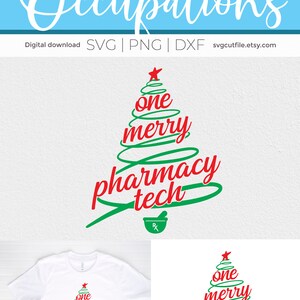 May include: A Christmas tree design with the text "one merry pharmacy tech" in red and green. The tree is made of green swirls and has a red star on top. There is a mortar and pestle symbol at the bottom of the design.