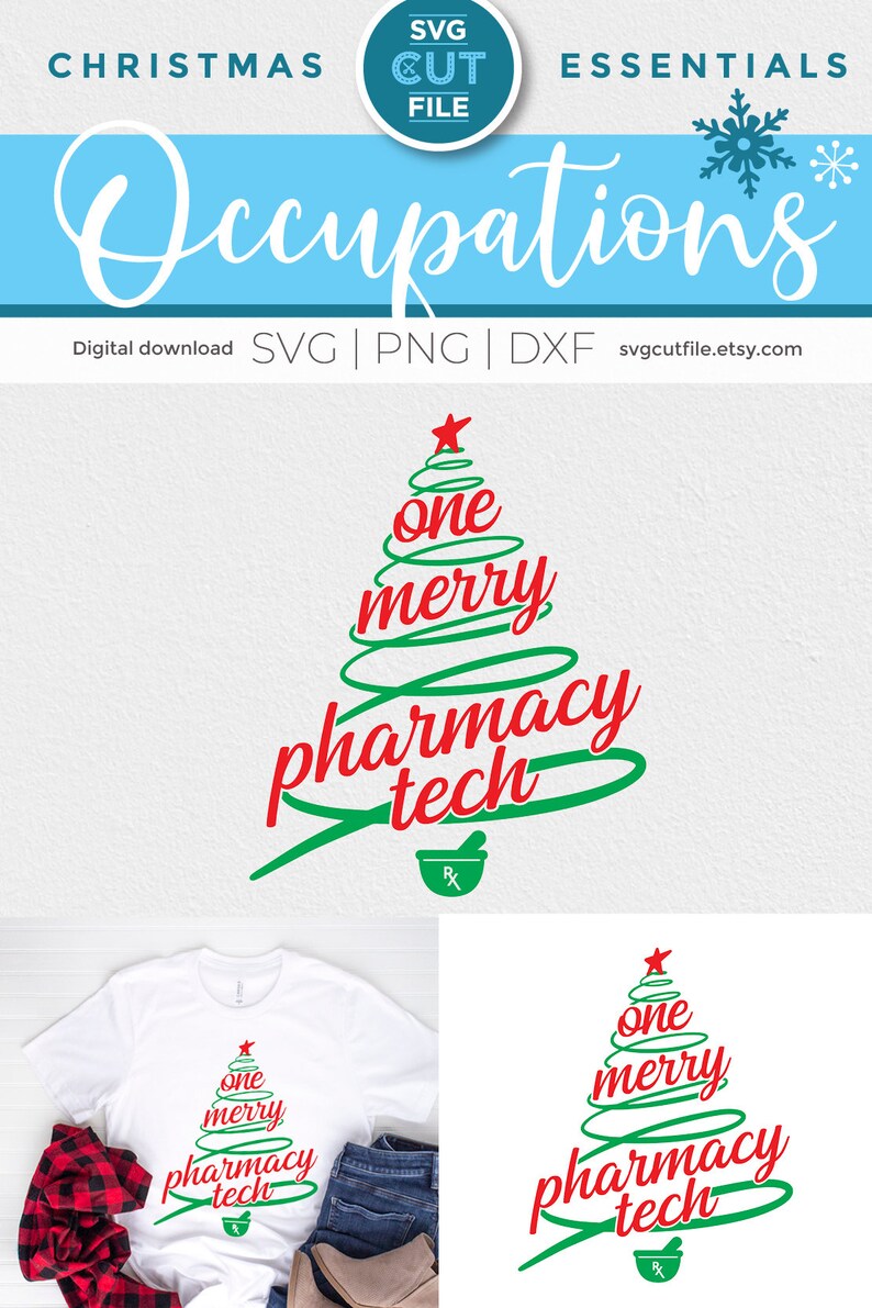 May include: A Christmas tree design with the text "one merry pharmacy tech" in red and green. The tree is made of green swirls and has a red star on top. There is a mortar and pestle symbol at the bottom of the design.