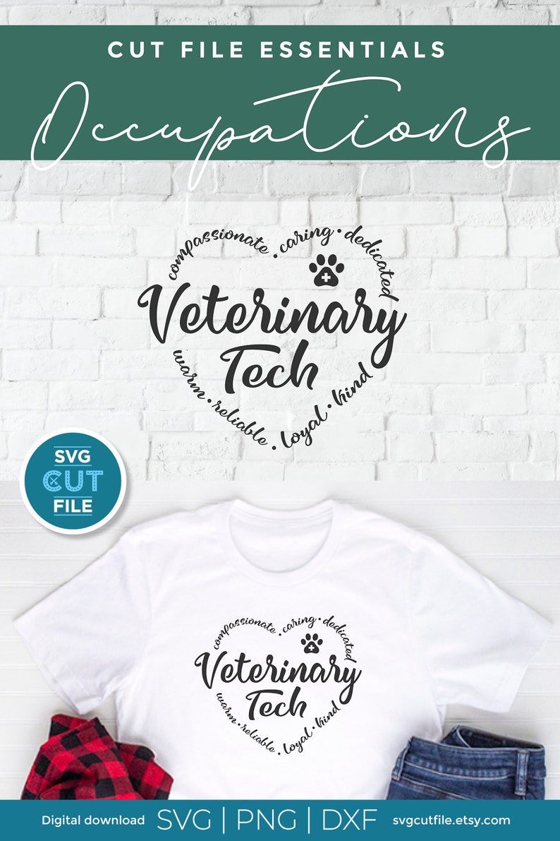May include: A white t-shirt with a black circle design that says "Veterinary Tech" with a paw print and the words "compassionate, caring, dedicated, warm, reliable, loyal, kind" around the circle. The t-shirt is on a white brick background with a red and black plaid shirt and blue jeans.