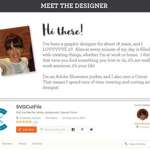 Puede incluir: La imagen es la p&aacute;gina de perfil del propietario de la tienda. Presenta una foto del dise&ntilde;ador, el texto "Hi there!" y una descripci&oacute;n de la experiencia del propietario de la tienda. El nombre de la tienda es SVGCutFile, que ofrece archivos de corte SVG.