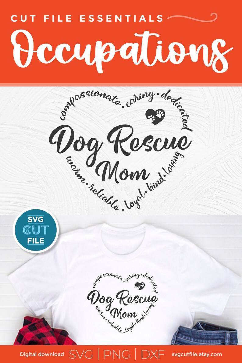 May include: A white t-shirt featuring a black circular design that reads "Dog Rescue Mom" with paw prints in a heart shape. The circle is surrounded by words describing the qualities of a dog rescue mom, such as "compassionate", "caring", "dedicated", "warm", "reliable", "loyal", "kind", and "loving".