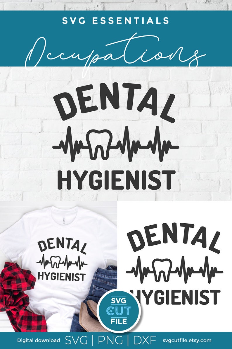 Puede incluir: Una descarga digital de un dise&ntilde;o de archivo de corte SVG en blanco y negro para una camiseta u otro proyecto artesanal. El dise&ntilde;o presenta el texto "Higienista dental" con un gr&aacute;fico estilizado de diente y latido del coraz&oacute;n. El texto "Archivo de corte SVG" tambi&eacute;n est&aacute; incluido en el dise&ntilde;o.