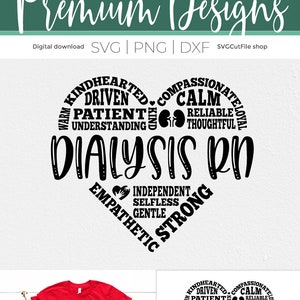Puede incluir: Diseño gráfico en blanco y negro de un corazón con las palabras "Dialysis RN" en el centro. El corazón está rodeado de palabras que describen las cualidades de una enfermera de diálisis, como "bondadoso", "compasivo", "paciente", "fuerte" y "empático".