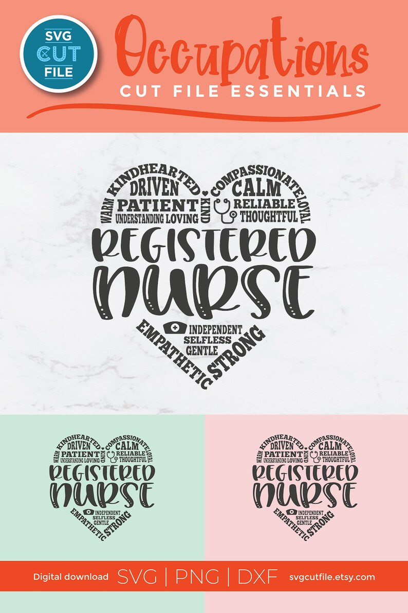 May include: A black and white graphic design of a heart with the words "Registered Nurse" in the centre. The heart is surrounded by words describing the qualities of a registered nurse, such as "kindhearted", "compassionate", "driven", "patient", "calm", "reliable", "thoughtful", "independent", "selfless", "gentle", "empathetic", and "strong".