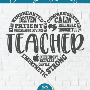 以下が含まれることがあります： 「TEACHER」という文字が中央に書かれた白黒のハート型のデザイン。ハートは、「思いやり深い」「意欲的」「辛抱強い」「理解力がある」「愛情深い」「思いやり深い」「落ち着いている」「信頼できる」「思いやりのある」「独立した」「無私無欲」「優しい」「強い」「共感力がある」などの教師の資質を表す言葉で囲まれています。