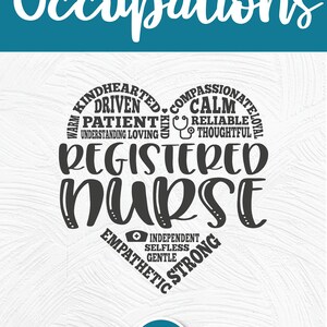 May include: A black and white graphic design of a heart with the words "Registered Nurse" in the centre. The heart is surrounded by words describing the qualities of a registered nurse, such as "kindhearted", "compassionate", "calm", "patient", "reliable", "thoughtful", "independent", "selfless", "gentle", and "strong".