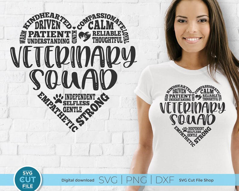 May include: A white t-shirt with a black heart-shaped design. The heart features the words "Veterinary Squad" in a bold font, surrounded by positive adjectives like "kindhearted", "compassionate", "driven", "patient", "understanding", "calm", "reliable", "thoughtful", "independent", "selfless", "gentle", and "strong".