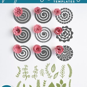 Puede incluir: Una descarga digital de archivos SVG, PNG y DXF para plantillas de flores de papel. La imagen muestra 18 dise&ntilde;os diferentes, incluyendo 9 formas de flores y 9 formas de hojas. Las formas de las flores son grises con una flor de papel rosa en la parte superior de cada una. Las formas de las hojas son verdes.