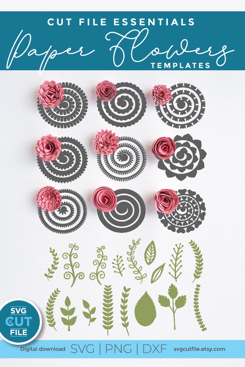 Puede incluir: Una descarga digital de archivos SVG, PNG y DXF para plantillas de flores de papel. La imagen muestra 18 dise&ntilde;os diferentes, incluyendo 9 formas de flores y 9 formas de hojas. Las formas de las flores son grises con una flor de papel rosa en la parte superior de cada una. Las formas de las hojas son verdes.