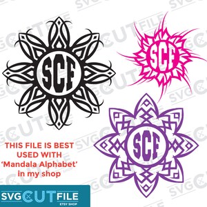 May include: Three different designs of a mandala with the letters "SCF" in the center. The first mandala is black and white, the second is pink and white, and the third is purple and white.
