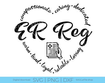 May include: Black and white graphic design with a heart shape and the text "ER Reg" inside the heart. The text "compassionate. caring. dedicated. warm. kind. loyal. reliable. loving" surrounds the heart.