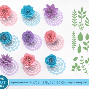 Pu&ograve; includere: Un download digitale di 10 file di taglio SVG con fiori e foglie di carta. I fiori sono in tonalit&agrave; di rosa, blu e viola, e le foglie sono verdi. I file sono perfetti per l'artigianato e la creazione di fiori di carta.