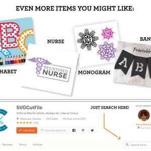 May include: A digital storefront for SVG cut files, featuring a variety of designs, including alphabet letters, a registered nurse logo, a monogram, and a printable banner. The shop is called "SVGCutFile" and is located in Shawnee, Kansas.