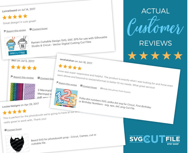 May include: Five-star customer reviews for a digital cutting file Etsy shop. The reviews highlight the quality of the products and the responsiveness of the seller. The shop's logo is a white silhouette of a pair of scissors with the text "SVG CUT FILE" in black.