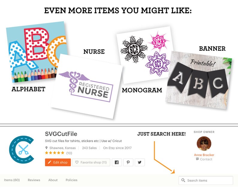 Puede incluir: Imagen con archivos de corte SVG para camisetas y pegatinas. La imagen incluye las palabras "ALPHABET", "NURSE", "MONOGRAM" y "BANNER". El nombre de la tienda es SVGCutFile, con una barra de b&uacute;squeda en la parte inferior.