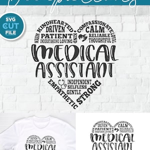 K&ouml;nnte beinhalten: Ein schwarz-wei&szlig;es Grafikdesign eines Herzens mit den Worten "Medizinischer Assistent" darin. Das Herz ist umgeben von W&ouml;rtern, die die Eigenschaften eines medizinischen Assistenten beschreiben, wie "gutherzig", "mitf&uuml;hlend", "getrieben", "geduldig", "ruhig", "zuverl&auml;ssig", "verst&auml;ndnisvoll", "liebend", "gedankenvoll", "unabh&auml;ngig", "selbstlos", "freundlich", "empathisch" und "stark".