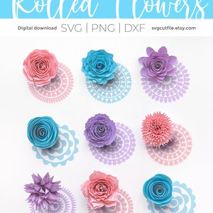 Fiore arrotolato svg, fiori di carta arrotolati svg, rosa arrotolata, modello, fascio, tessuto in feltro 3D, foglie di fogliame, rosetta svg dxf png, quilled svg immagine 5