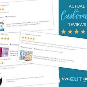Puede incluir: Imagen que muestra rese&ntilde;as de clientes para la tienda de Etsy SVG Cut File. Las rese&ntilde;as incluyen calificaciones por estrellas y comentarios. Tambi&eacute;n son visibles el logotipo de la tienda y la frase "Actual Customer Reviews". Las rese&ntilde;as son para archivos de corte digital.