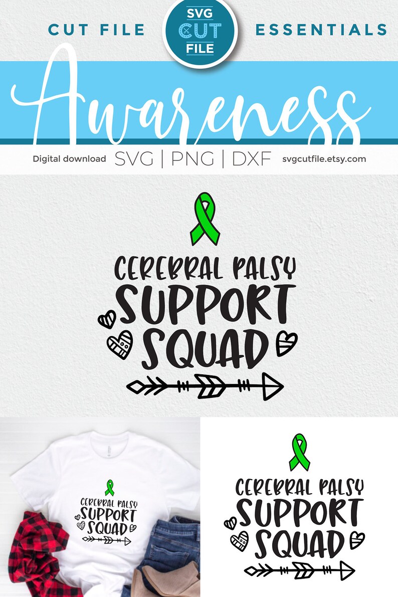 May include: A white t-shirt with a green ribbon, black text that reads "Cerebral Palsy Support Squad" and two black arrows. The text is surrounded by small black hearts.