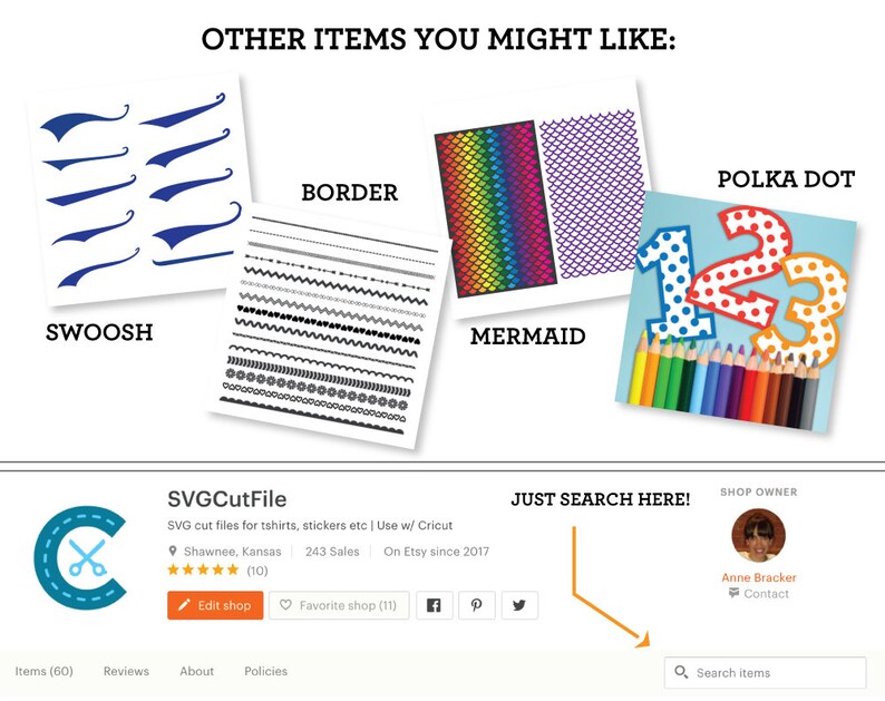 May include: A collection of digital design files for use with Cricut cutting machines. The designs include a swoosh, a border, a mermaid, and polka dots. The designs are available for purchase from the Etsy shop SVGCutFile.