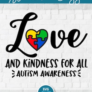 Puede incluir: Una descarga digital de un diseño gráfico que presenta la palabra "Love" en escritura cursiva negra con un corazón de pieza de rompecabezas en el centro. El corazón está formado por piezas de rompecabezas rojas, azules, verdes y amarillas. El texto "And Kindness For All" está debajo del corazón, y el texto "Autism Awareness" está debajo de eso. El gráfico está sobre un fondo de ladrillo blanco con una pancarta azul en la parte superior que dice "Cut File Essentials" y un círculo azul con el texto "SVG Cut File" en la parte inferior.