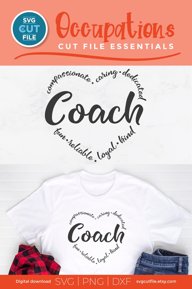 May include: A white t-shirt with a black circle design that says "Coach" in a cursive font. The circle is surrounded by the words "compassionate, caring, dedicated, fun, reliable, loyal, kind".