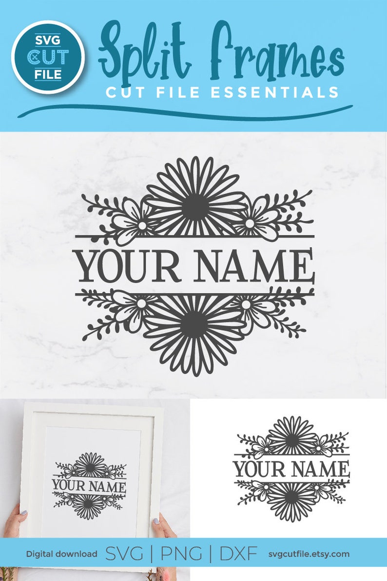 May include: A split frame design with a floral motif. The design features a circle of daisies with smaller flowers and leaves. The text "YOUR NAME" is in the center of the design, split by a horizontal line.