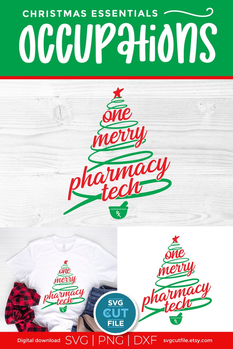 May include: A green Christmas tree design with the words "one merry pharmacy tech" in red. The design includes a mortar and pestle with an Rx symbol.