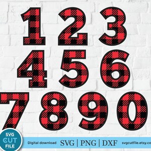 May include: Ten red and black buffalo plaid numbers, 1 through 10, on a white brick background.  SVG, PNG, and DXF digital download files.