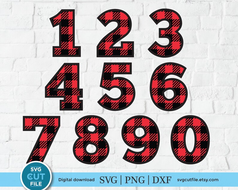 May include: Ten red and black buffalo plaid numbers, 1 through 10, on a white brick background.  SVG, PNG, and DXF digital download files.