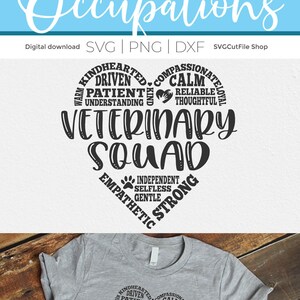 May include: A gray t-shirt with a black heart-shaped design that says "Veterinary Squad" with words describing the qualities of a veterinarian around the heart.