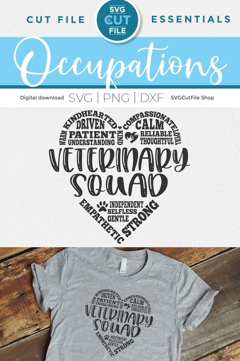 May include: A gray t-shirt with a black heart-shaped design that says "Veterinary Squad" with words describing the qualities of a veterinarian around the heart.