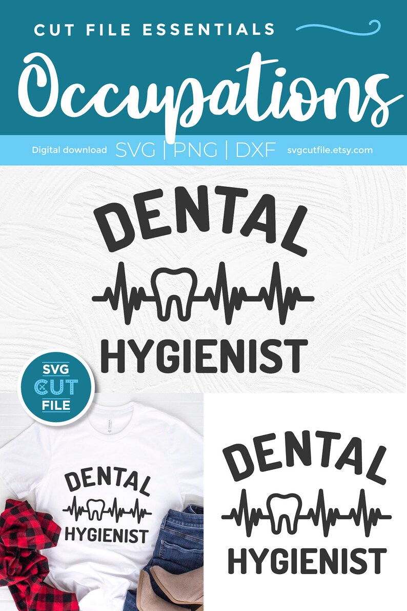Puede incluir: Una descarga digital de un dise&ntilde;o para una camiseta que dice "Higienista dental" con un gr&aacute;fico estilizado de diente y latido del coraz&oacute;n. El dise&ntilde;o est&aacute; disponible en formatos SVG, PNG y DXF.