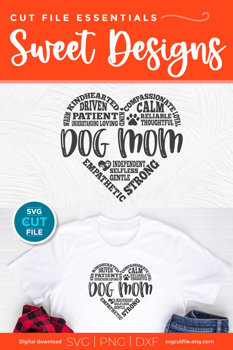 May include: A white t-shirt with a black heart-shaped design that says "Dog Mom" surrounded by words describing a dog mom's personality traits. The words include "Warm", "Kindhearted", "Compassionate", "Calm", "Driven", "Patient", "Reliable", "Understanding", "Loving", "Thoughtful", "Independent", "Selfless", "Gentle", "Empathetic", and "Strong".