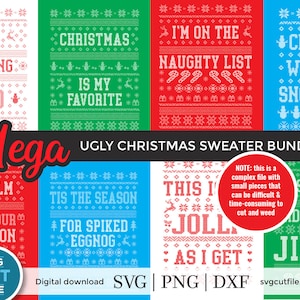 Op de afbeelding: Een digitaal downloadpakket met 10 lelijke kersttrui-ontwerpen. De ontwerpen bevatten een verscheidenheid aan feestelijke zinnen en patronen, waaronder "Ik ben zo verdomd koud", "Kerstmis is mijn favoriet", "Ik sta op de stoute lijst", "Chillin' met mijn sneeuwpoppen", "Blijf kalm en haal je ho ho ho", "Het is de tijd voor gekruide eggnog", "Dit ga ik vrolijk doen", en "Single en klaar om te jengelen".