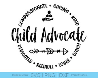 Puede incluir: Diseño gráfico en blanco y negro con las palabras "Child Advocate" dispuestas en círculo. El diseño incluye palabras como "Compassionate", "Caring" y "Dedicated". También se incluye una flecha y una persona leyendo un libro.