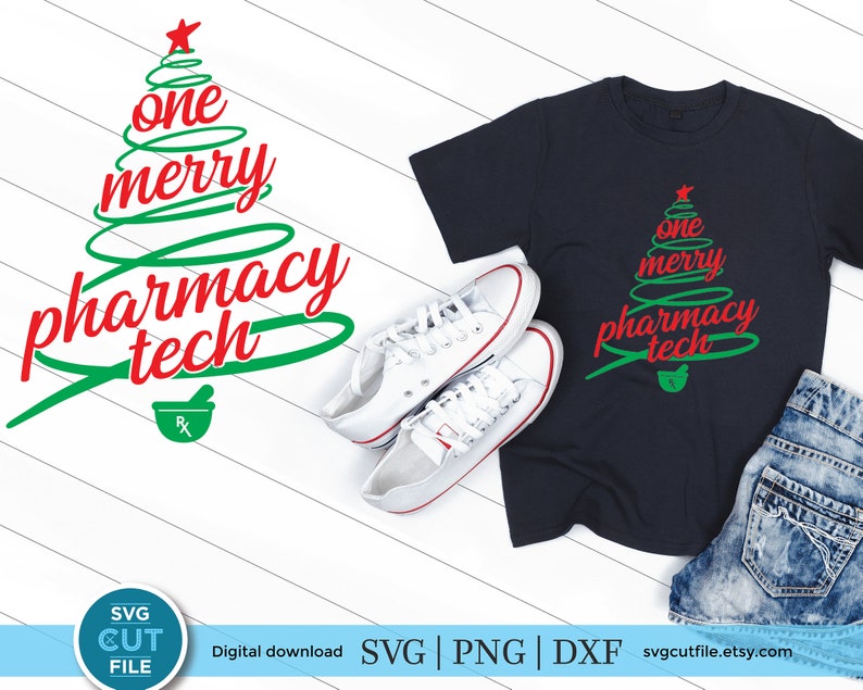May include: A green Christmas tree design with the text "one merry pharmacy tech" in red. A mortar and pestle symbol is at the bottom of the tree. The design is on a dark blue t-shirt.